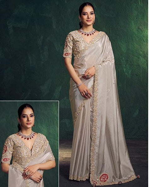 Silver Grey Silk Saree With Scallop Border