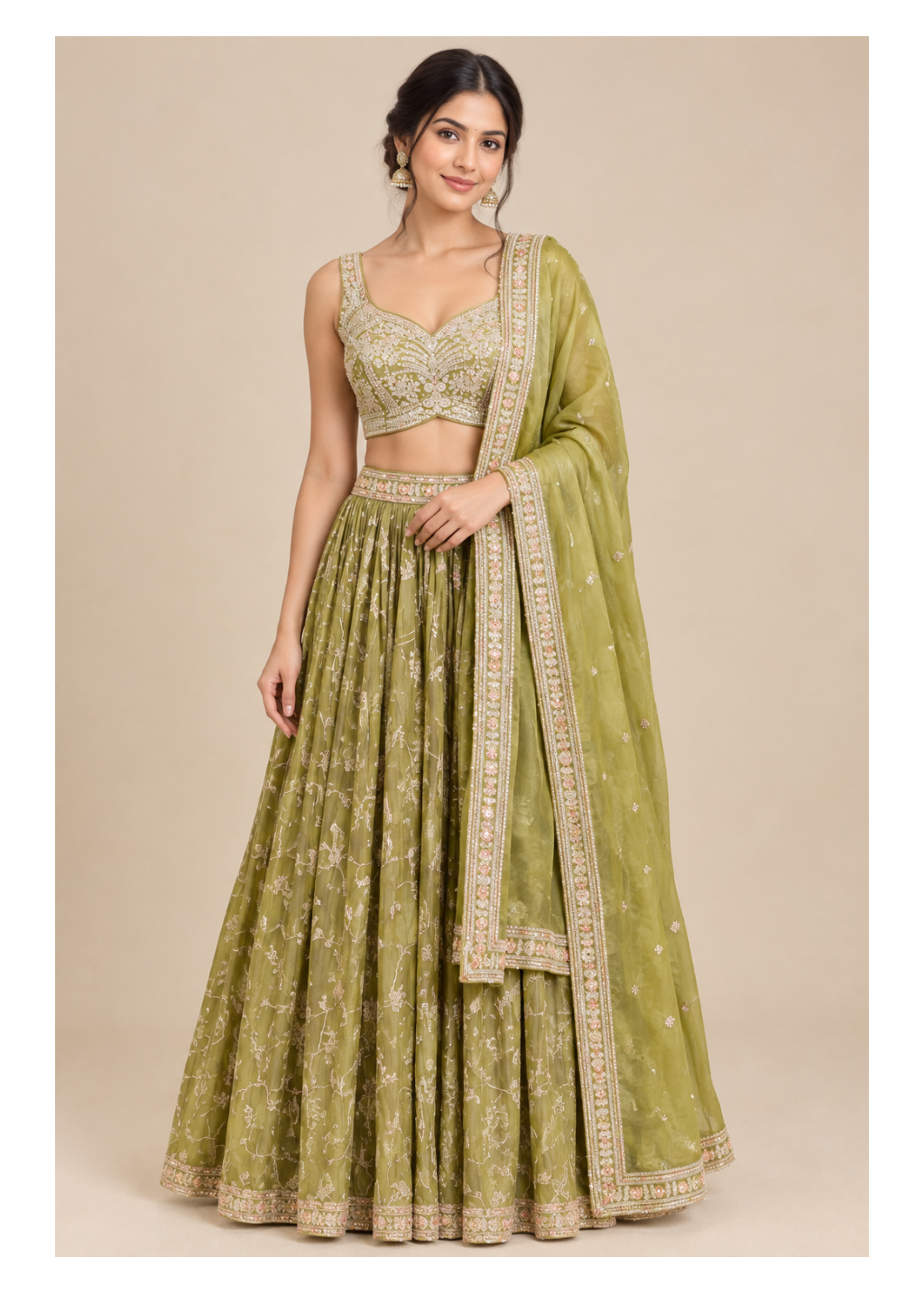 Olive Green Organza Silk Lehenga Set with Sweetheart Blouse