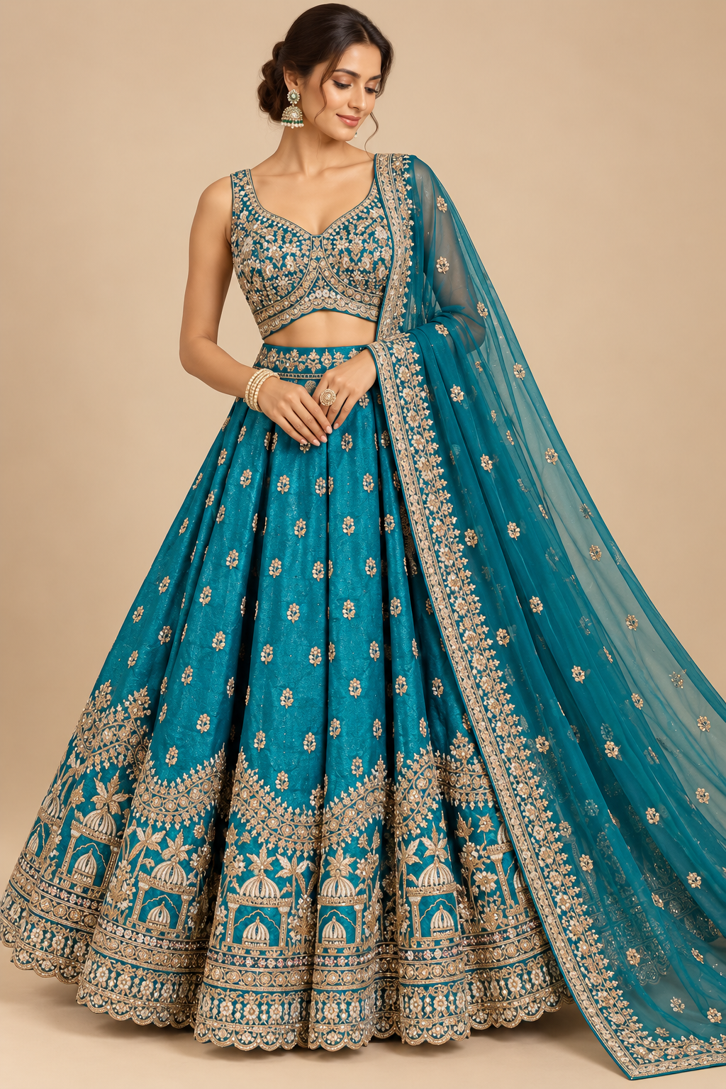 Peacock Blue-Teal Hand-Embroidered Silk Kalidar Lehenga Choli Set with Dupatta