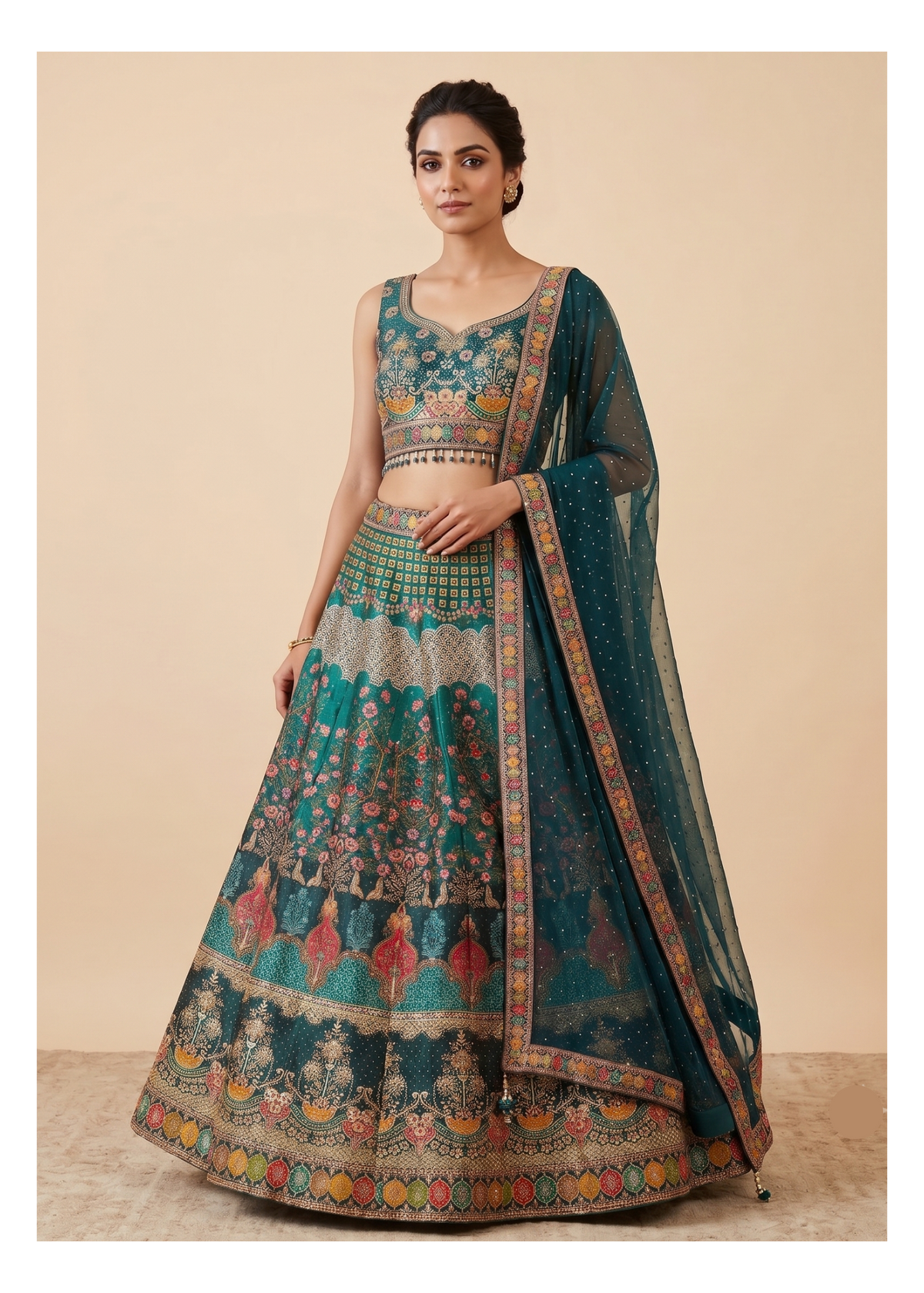 Peacock Teal Multi-Colour Printed Silk Lehenga Set Main image