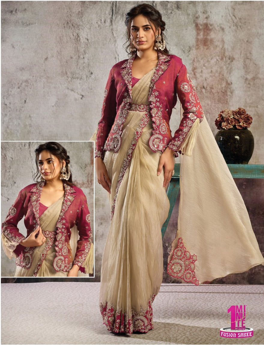 Jacket Fusion Cream Saree Main image