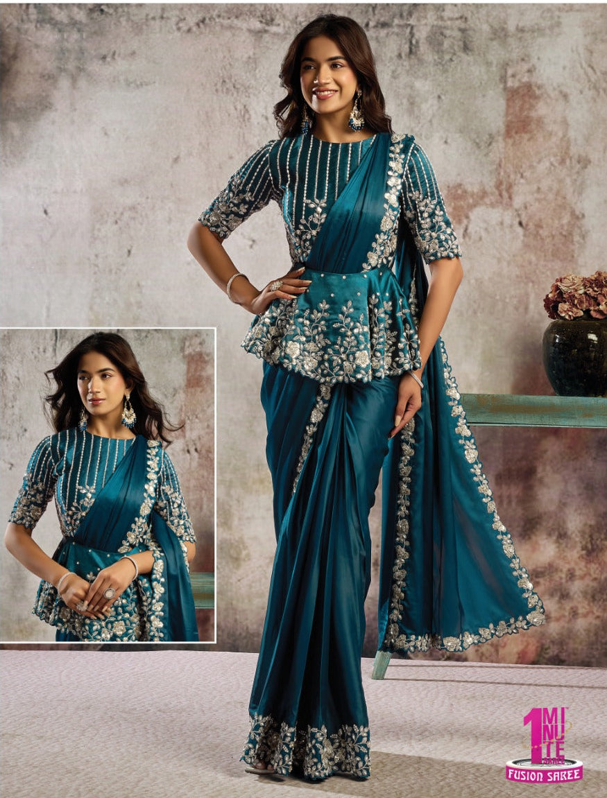 Teal Fusion Wear Saree Main image