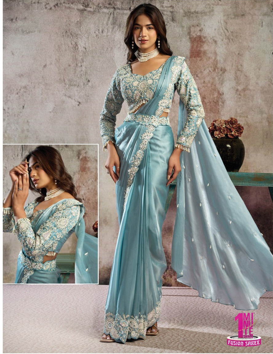 Blue white Pearl Saree Main image