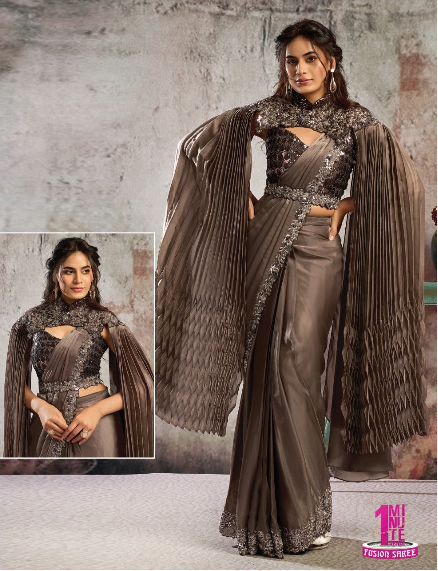 Brown Cape Sleeves Saree Main image