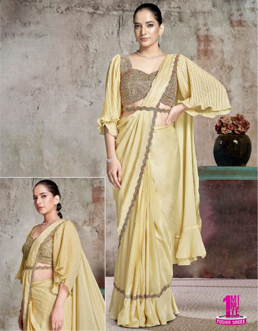 Yellow Lime Fusion Saree Main image