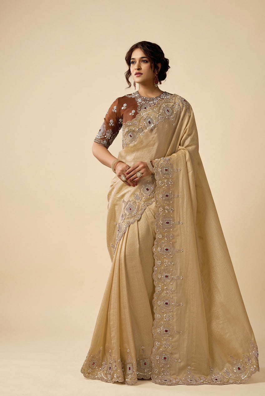 Beige Jacquard Silk Saree With Rhinestones
