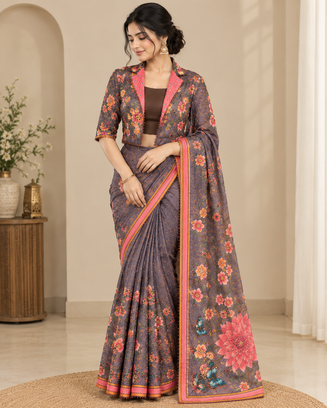 Grey Floral Saree with Stitched Jacket Main image