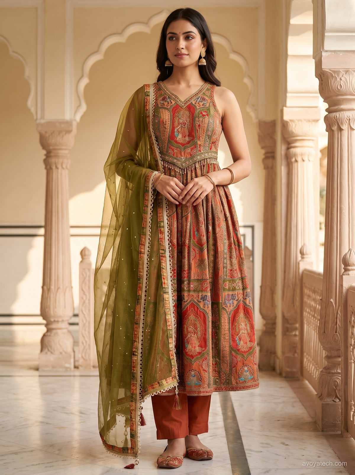 Rust & Olive Heritage Print Anarkali Kurta Pant Set