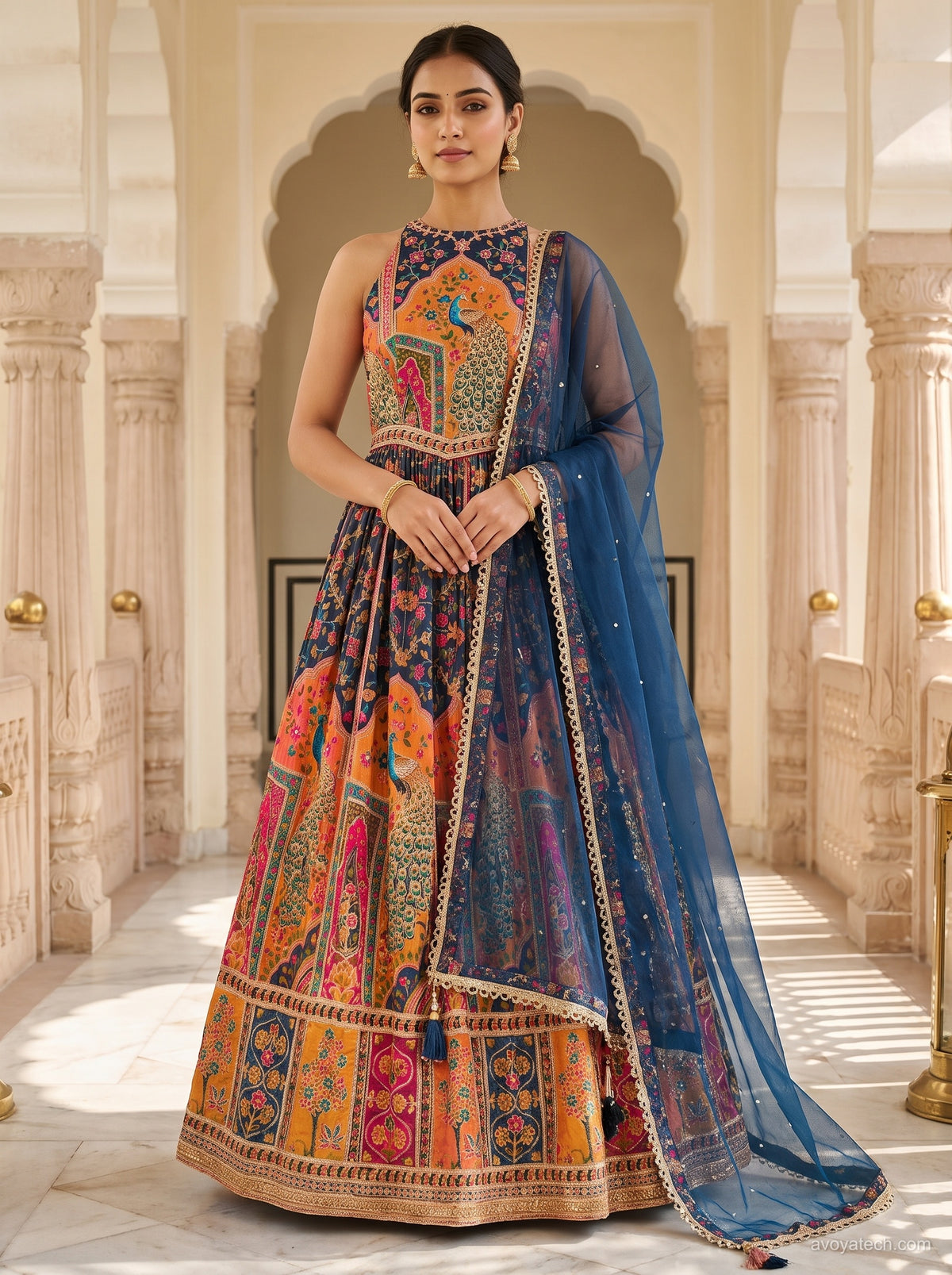 Royal Peacock Blue Heritage Printed Lehenga Set