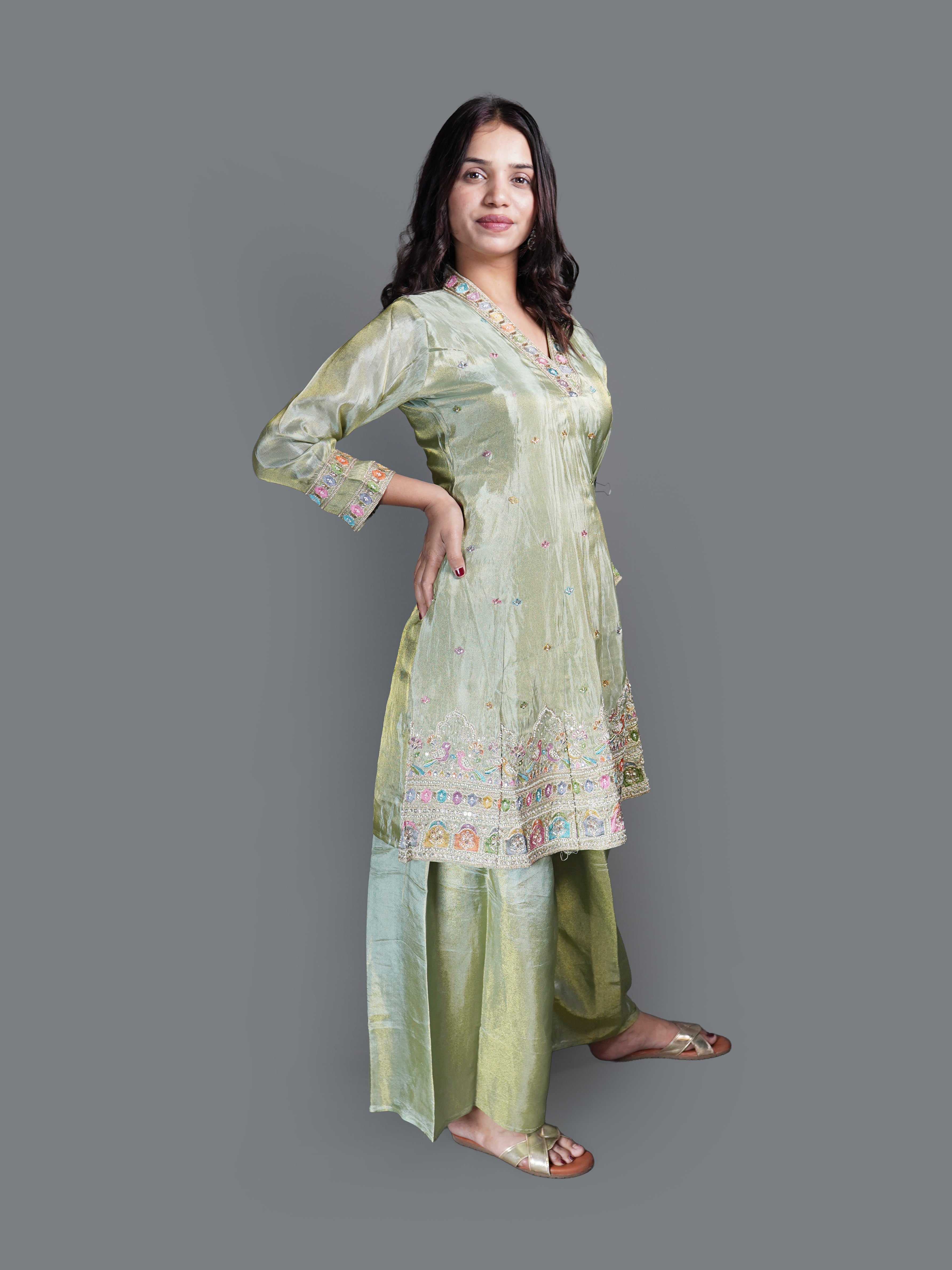 Pistachio Shimmer Sharara Set (7257 M-18)
