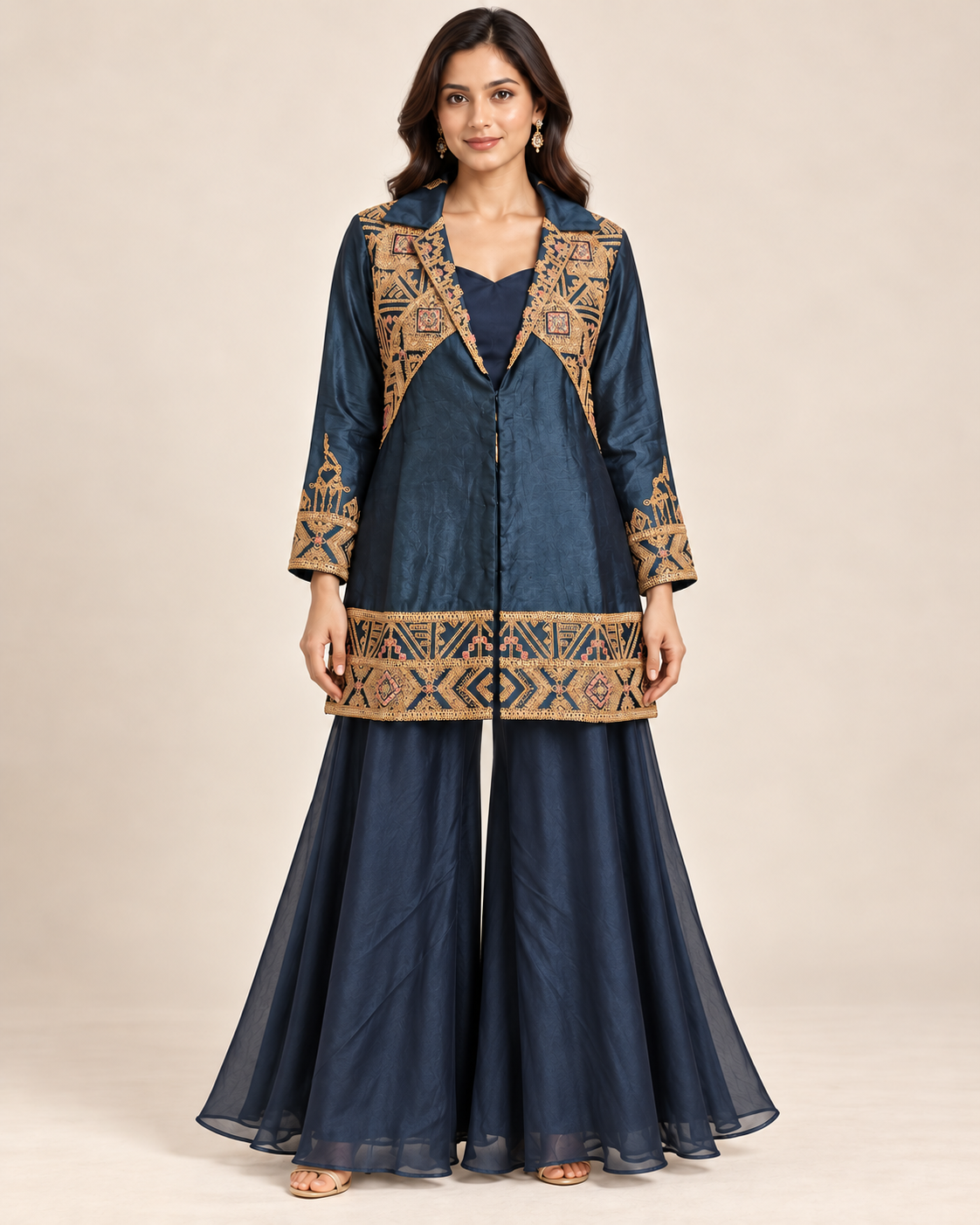 Teal Blue Embroidered Jacket Sharara Set