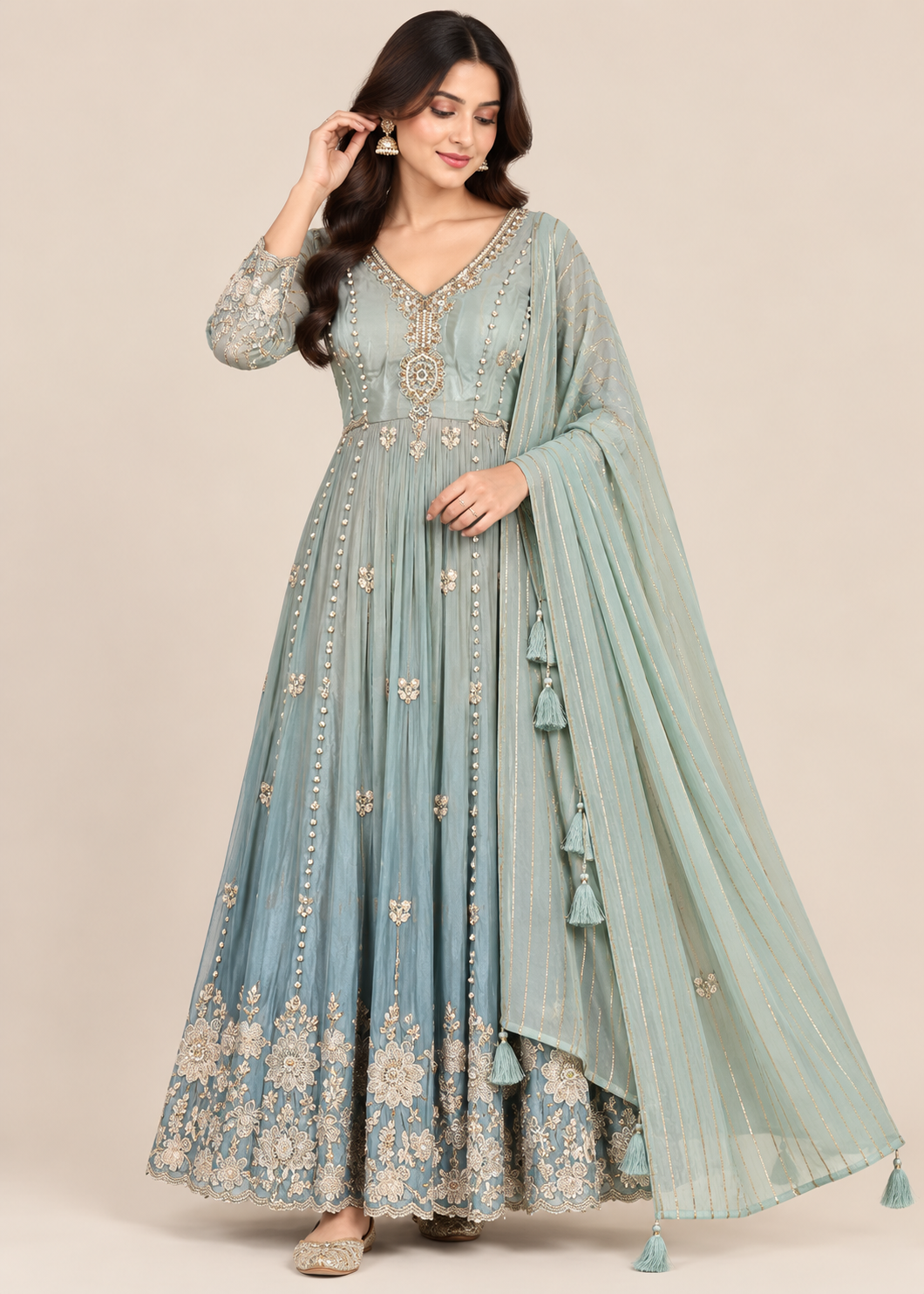 Sea Green Ombré Embroidered Anarkali Suit with Dupatta Main image