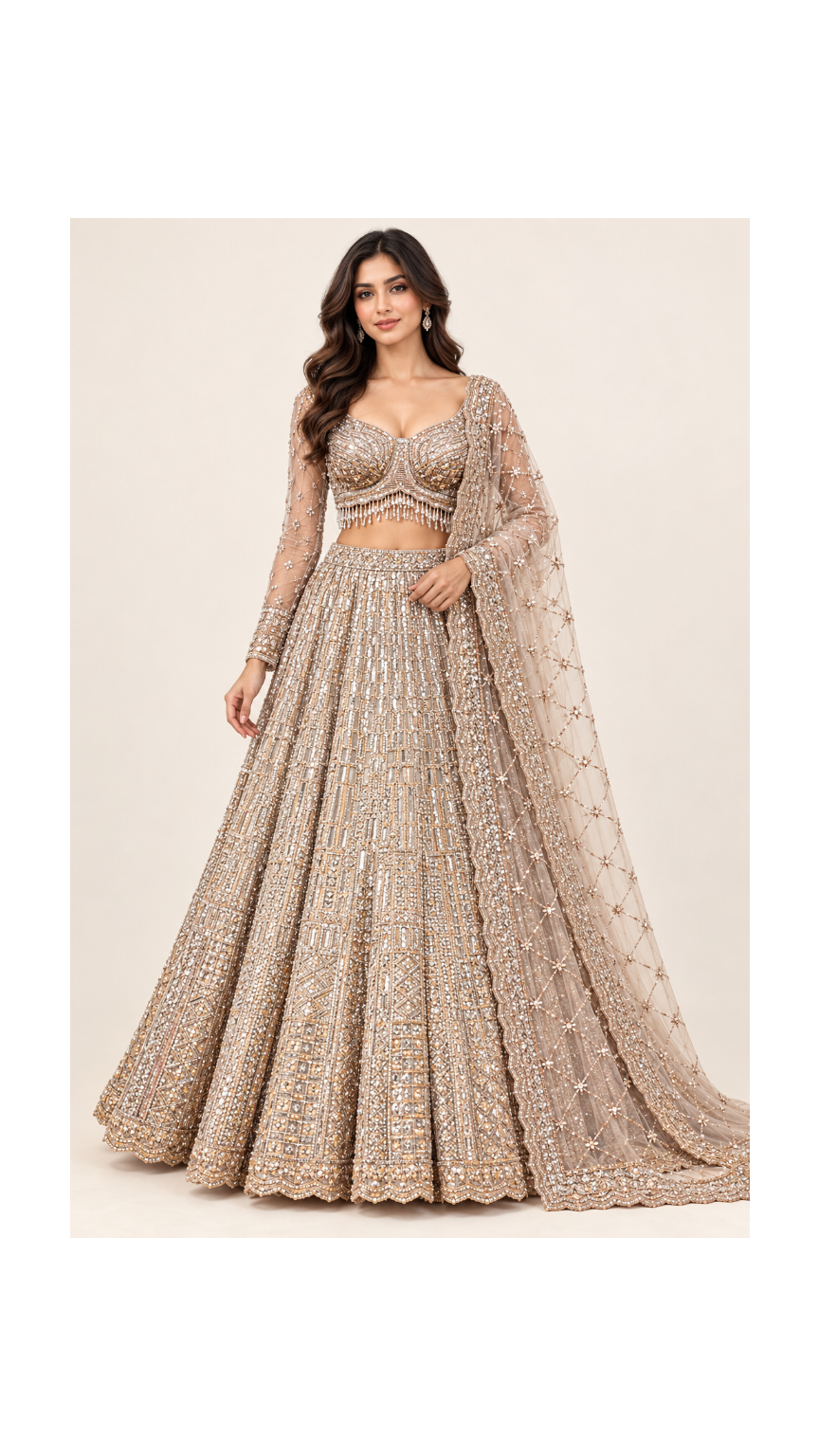 Champagne Gold Mirror-Work & Cutdana Bridal Lehenga Set