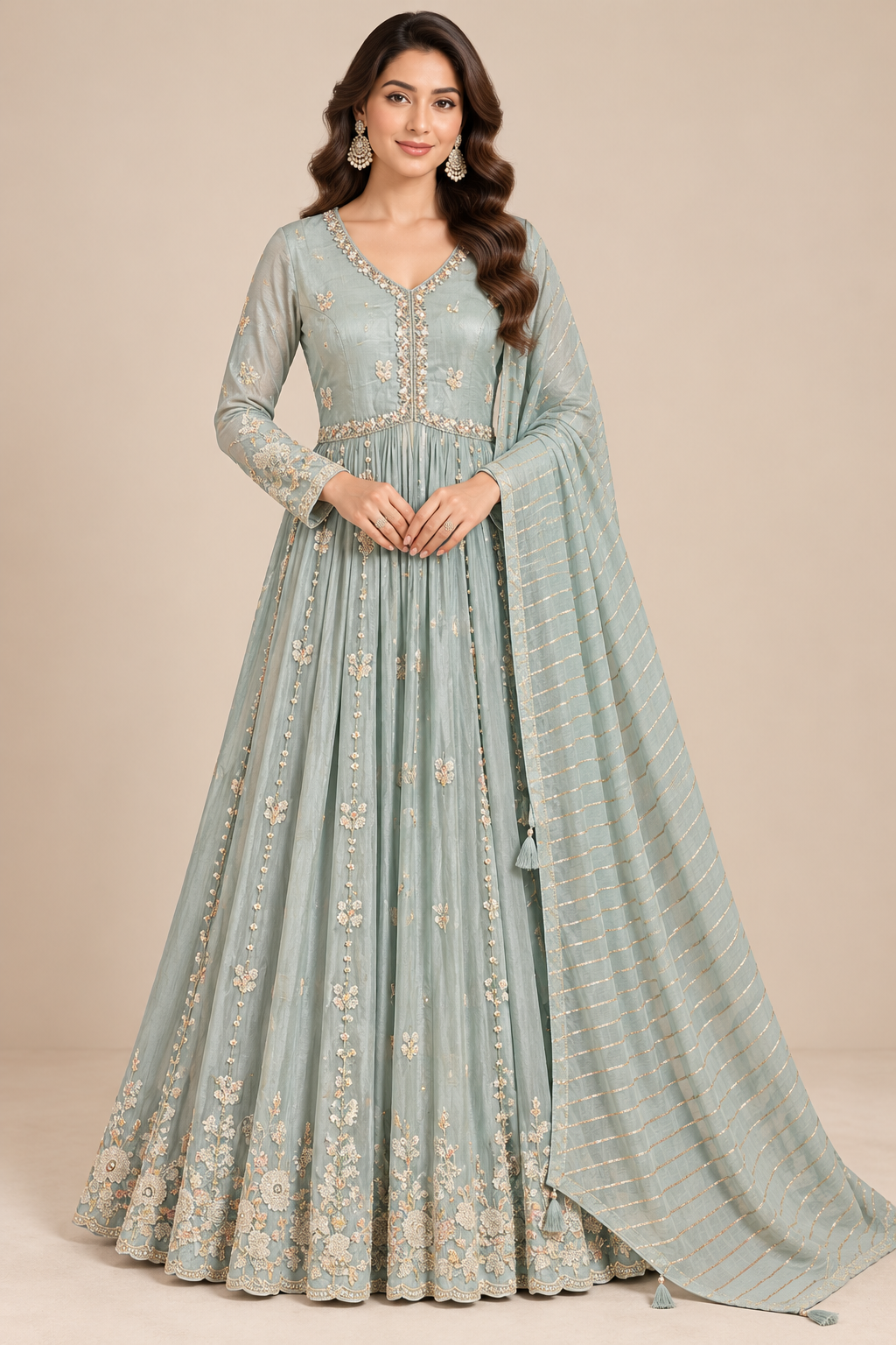 Sage Mint Green Hand-Embroidered Chanderi Silk Kalidar Anarkali Gown Set with Dupatta Main image