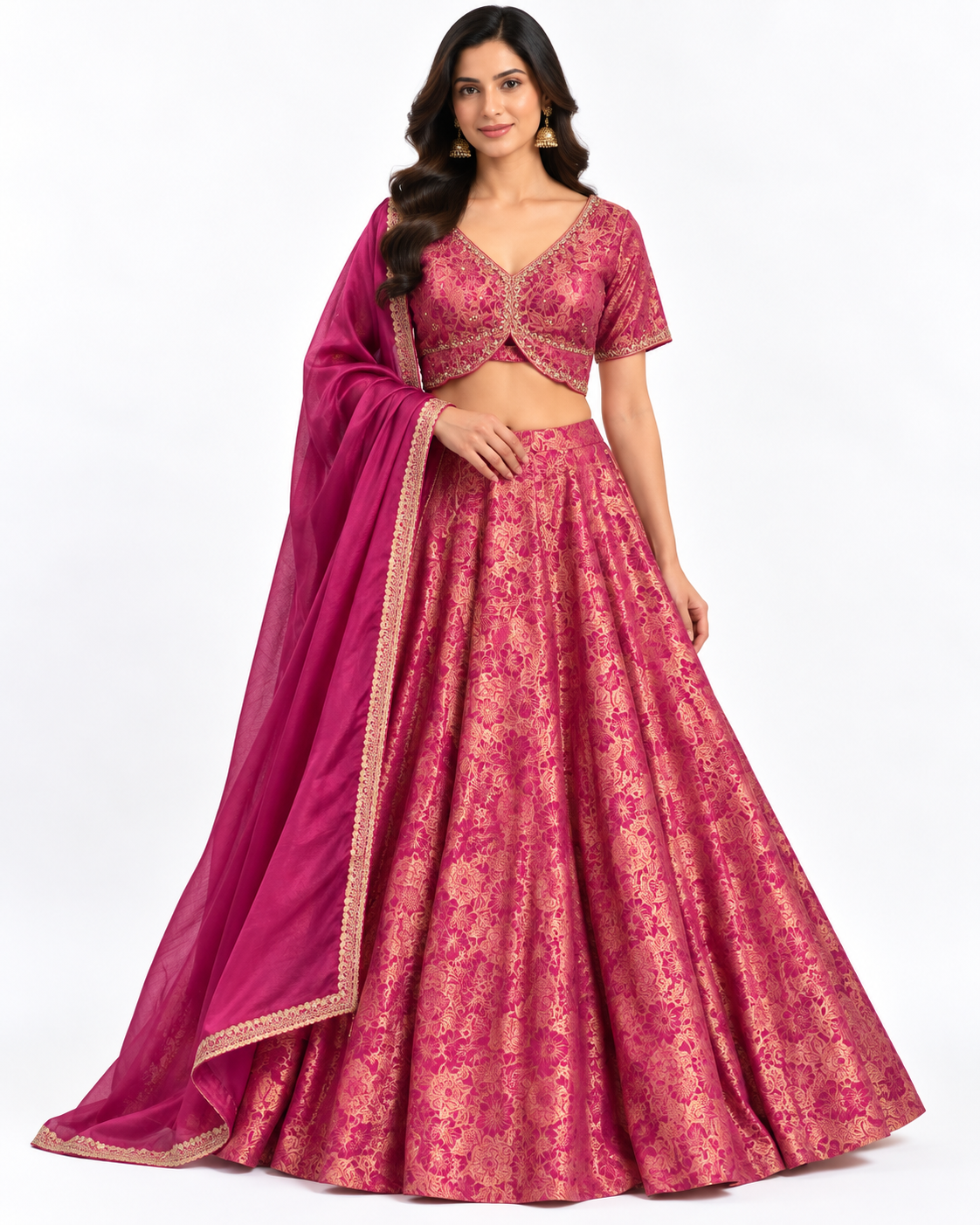 Rani Pink Floral Brocade Lehenga with Embroidered Blouse