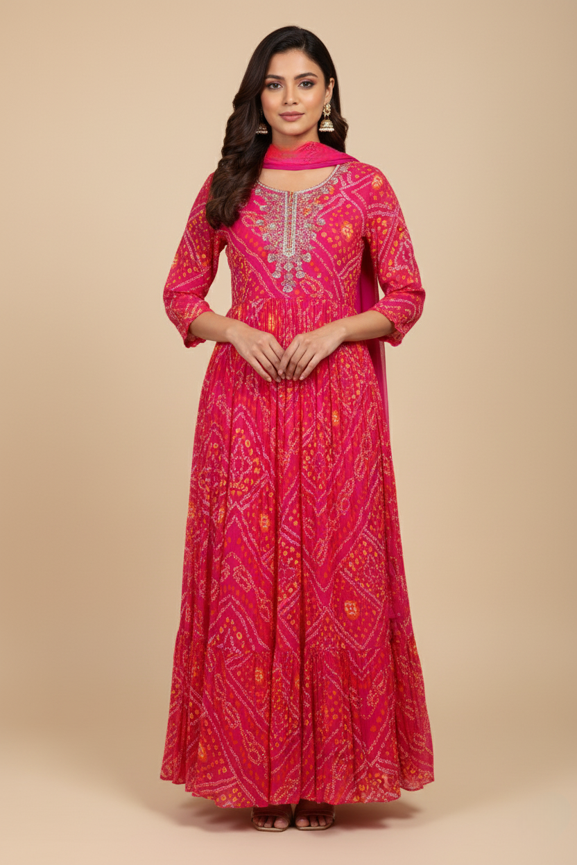 Vibrant Pink Bandhani Print Anarkali Gown (3760 B-89)