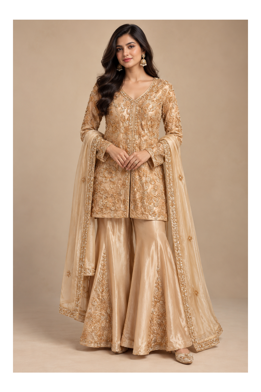 Champagne-Gold Lace-Embroidered Jacket-Style Kurti, Sharara Main image