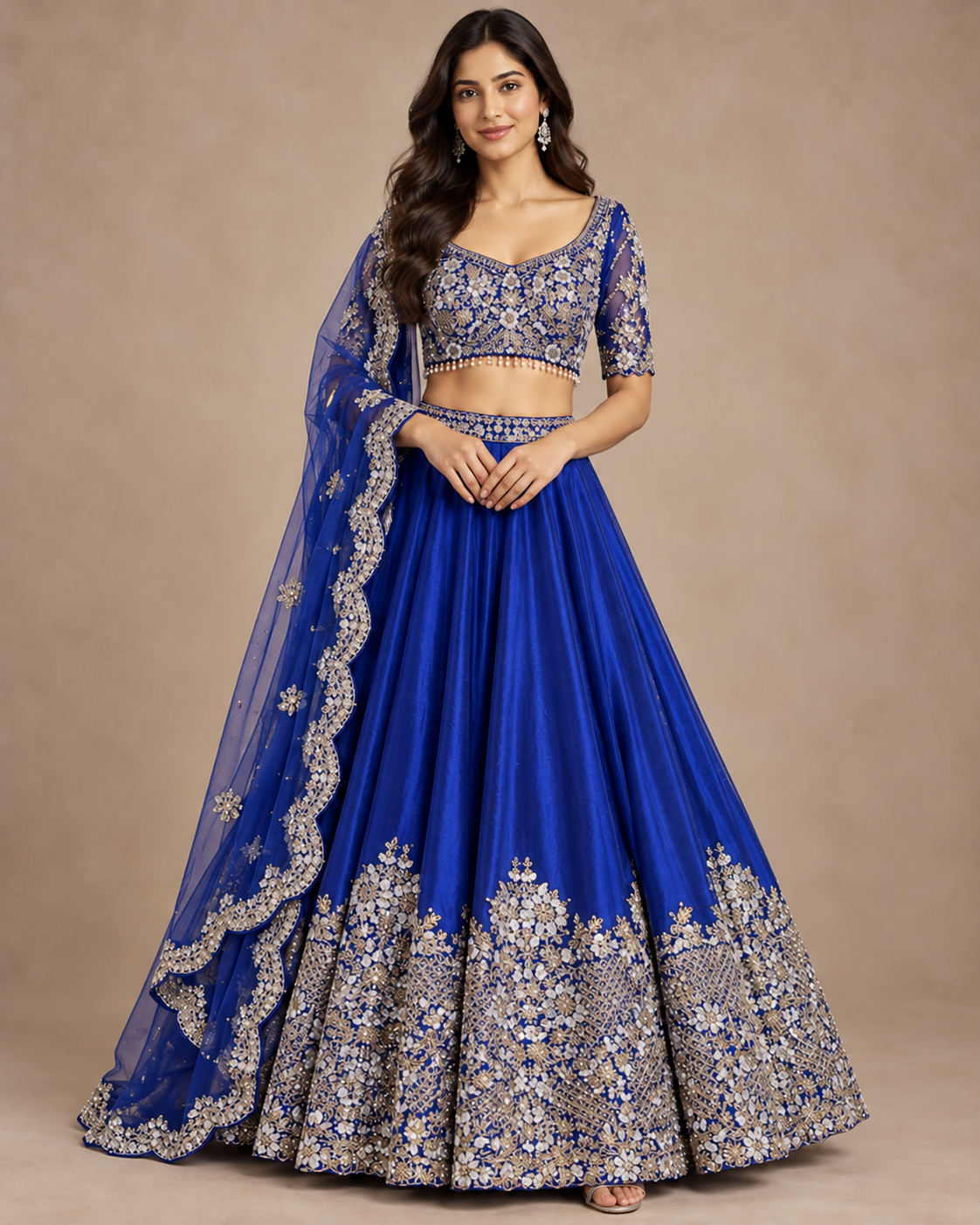 Royal Blue Embroidered Raw Silk Lehenga