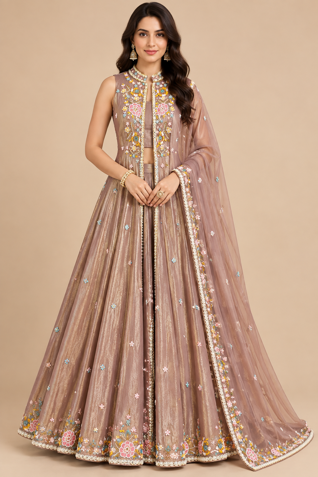 Dusty Lilac-Mauve Shimmer Tissue Silk 4-Piece Jacket, Bustier &amp; Skirt Set with Dupatta