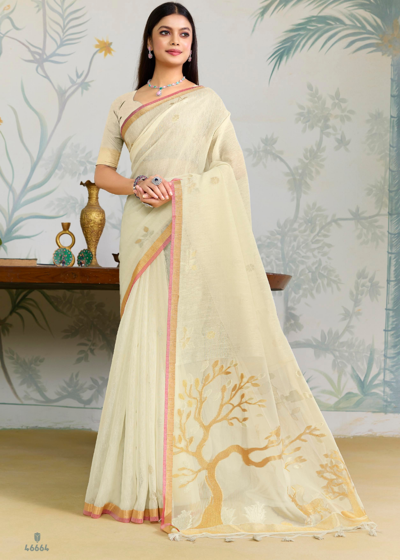 Elegant Ivory Linen Silk Saree