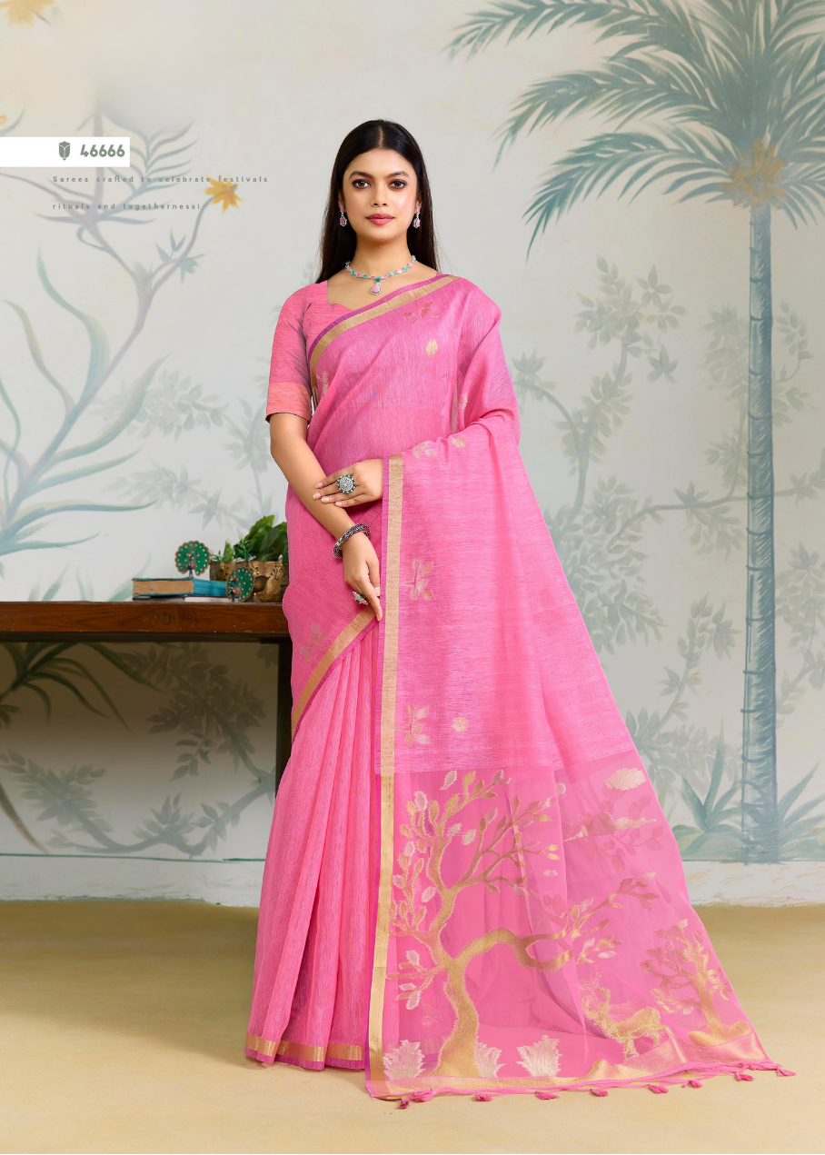 Charming Pink Linen Silk Saree
