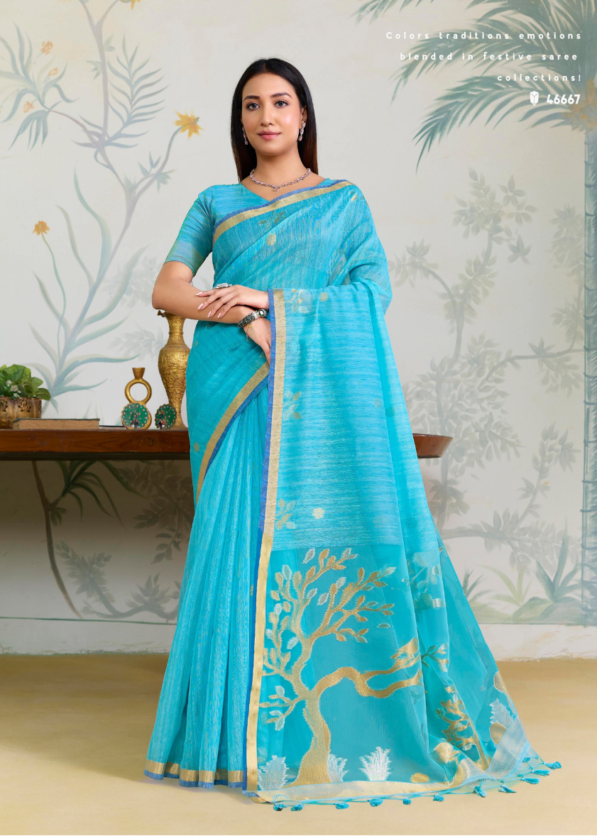 Refreshing Sky Blue Linen Silk Saree
