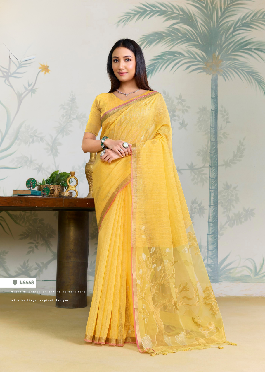 Radiant Lemon Yellow Linen Silk Saree