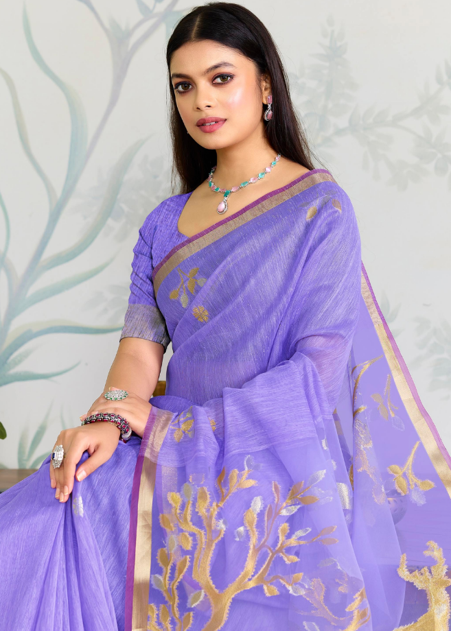 Elegant Lavender Linen Silk Saree