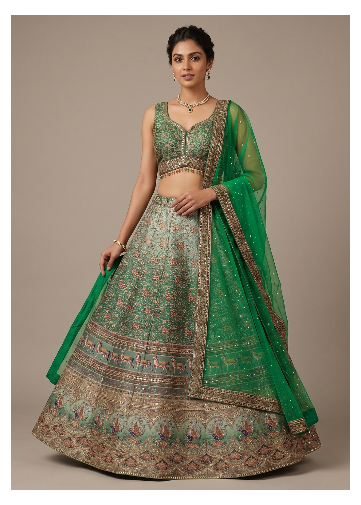 Emerald Green Ombre Silk Lehenga Set with Procession Border