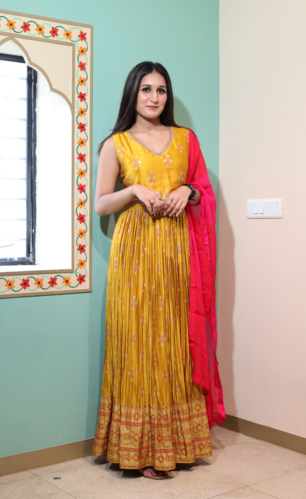 Brimstone Chinnon Anarkali Dress with Dupatta