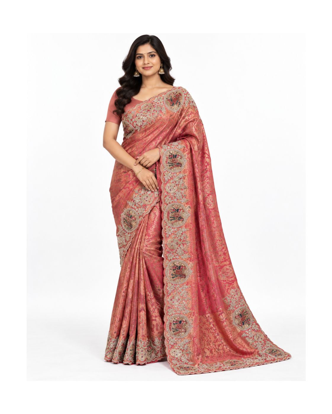 Coral Gold Elephant Motif Saree