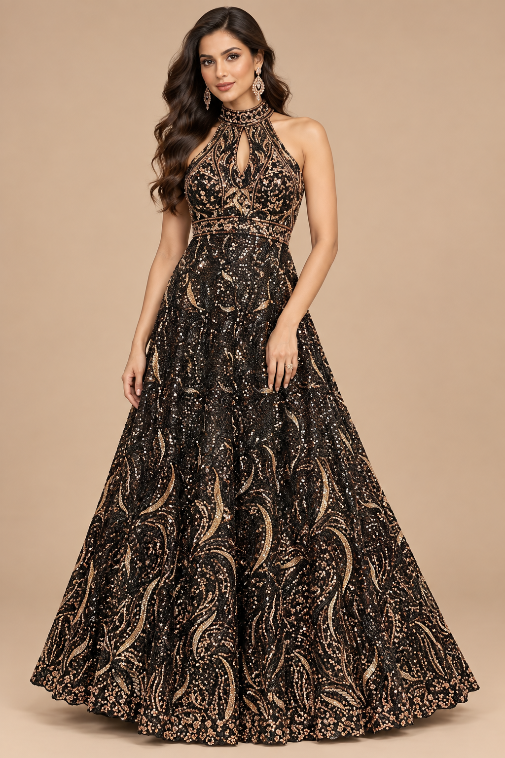 Midnight Black &amp; Antique Gold Halter-Neck Flared Gown