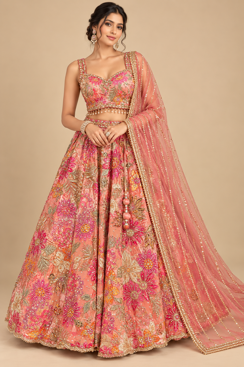 Coral Peach Multi-Hued Floral Embroidered Silk Kalidar Lehenga Choli Set with Embellished Dupatta