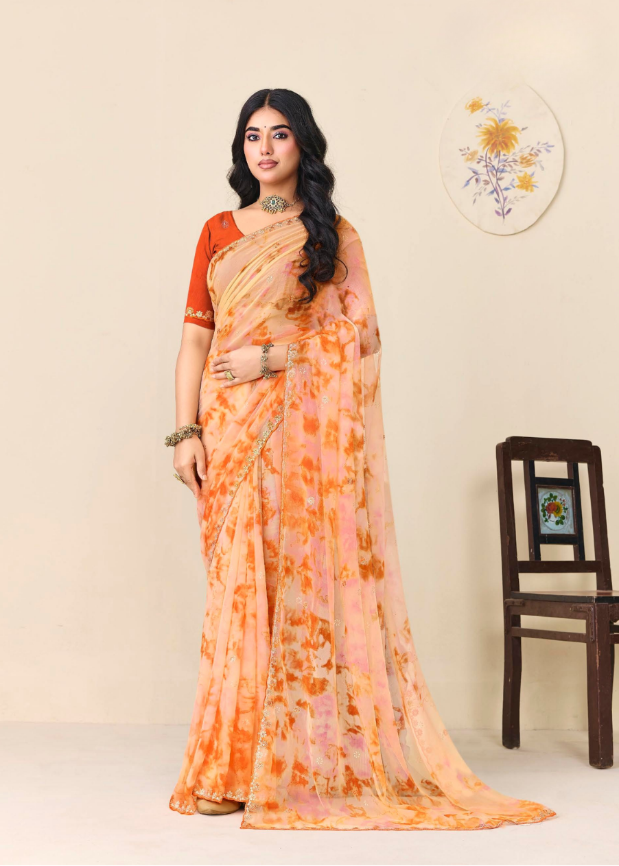 Orange Floral Printed Chiffon Saree