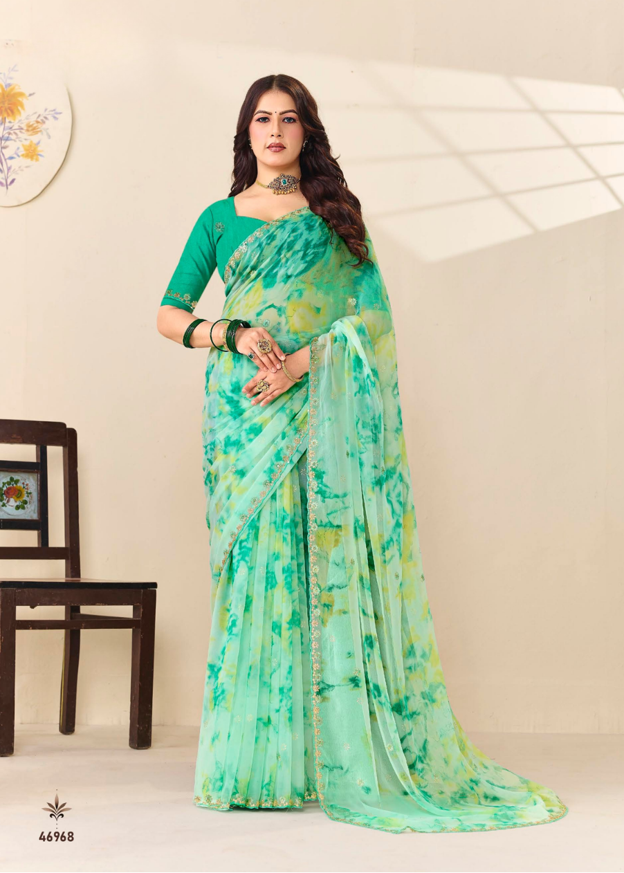 Emerald Floral Print Chiffon Saree