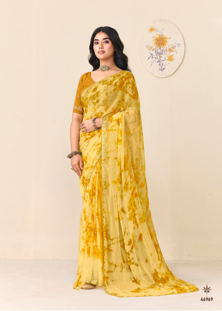 Sunshine Yellow Floral Chiffon Saree Main image