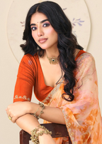 Orange Floral Printed Chiffon Saree