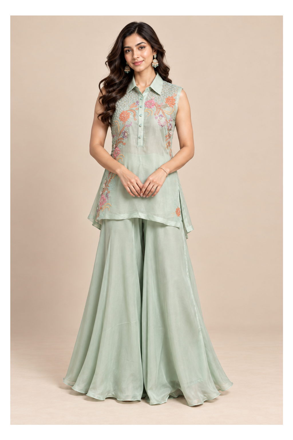 Sky-Blue Collared Silk Tunic & Flared Palazzo Set Main image