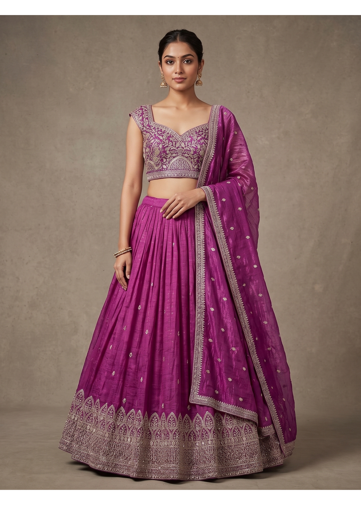 Magenta Purple Raw Silk Lehenga Set with Embroidered Cap Sleeve Blouse