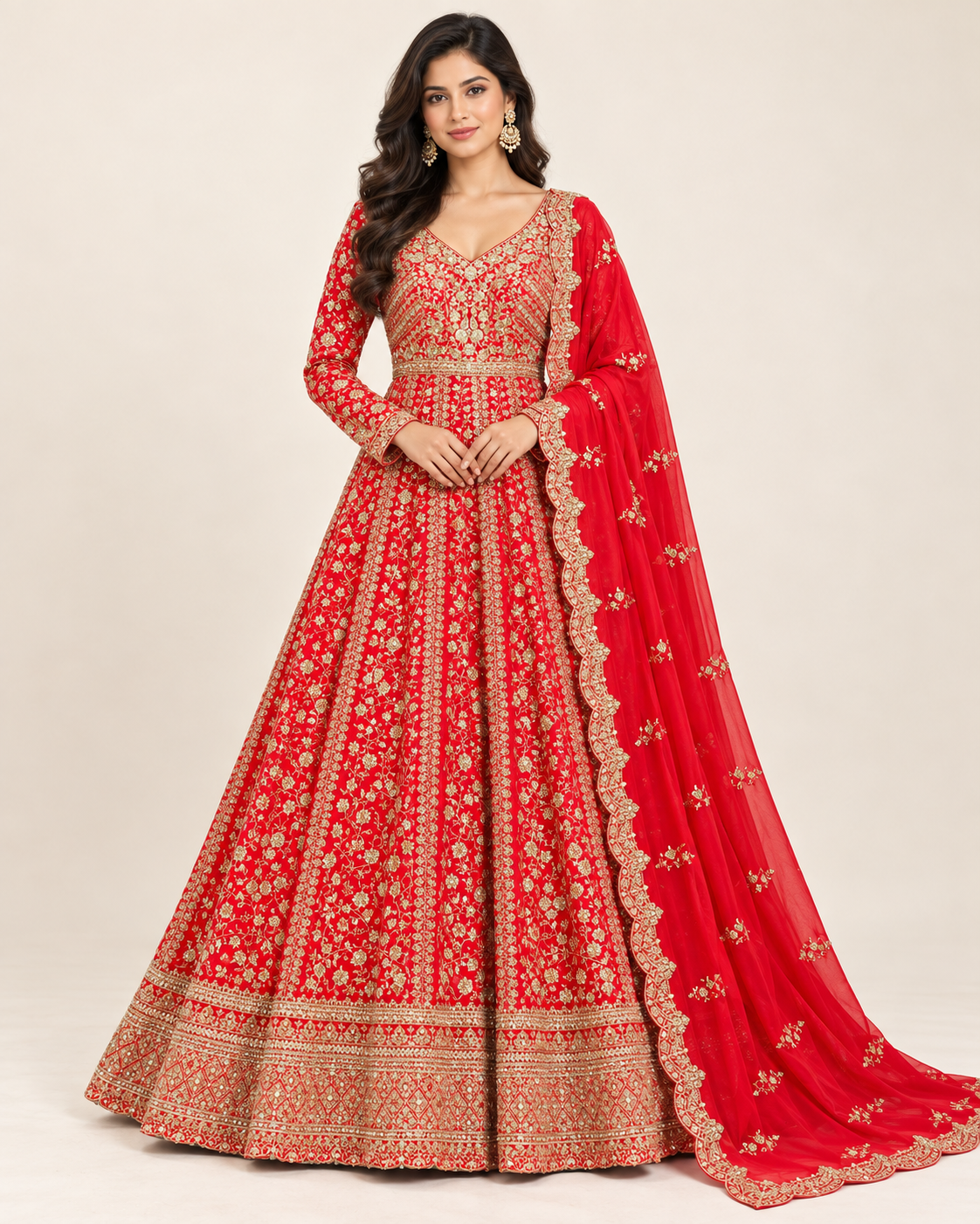 Crimson Red Heavily Embellished Bridal Anarkali Gown with Dupatta
