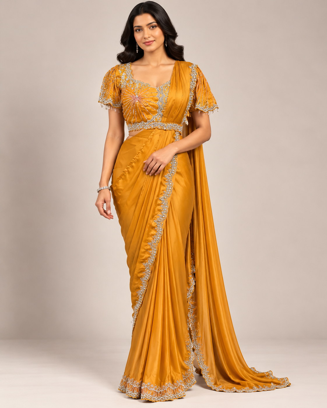 Mustard Embellished Saree with Scalloped Border Main image
