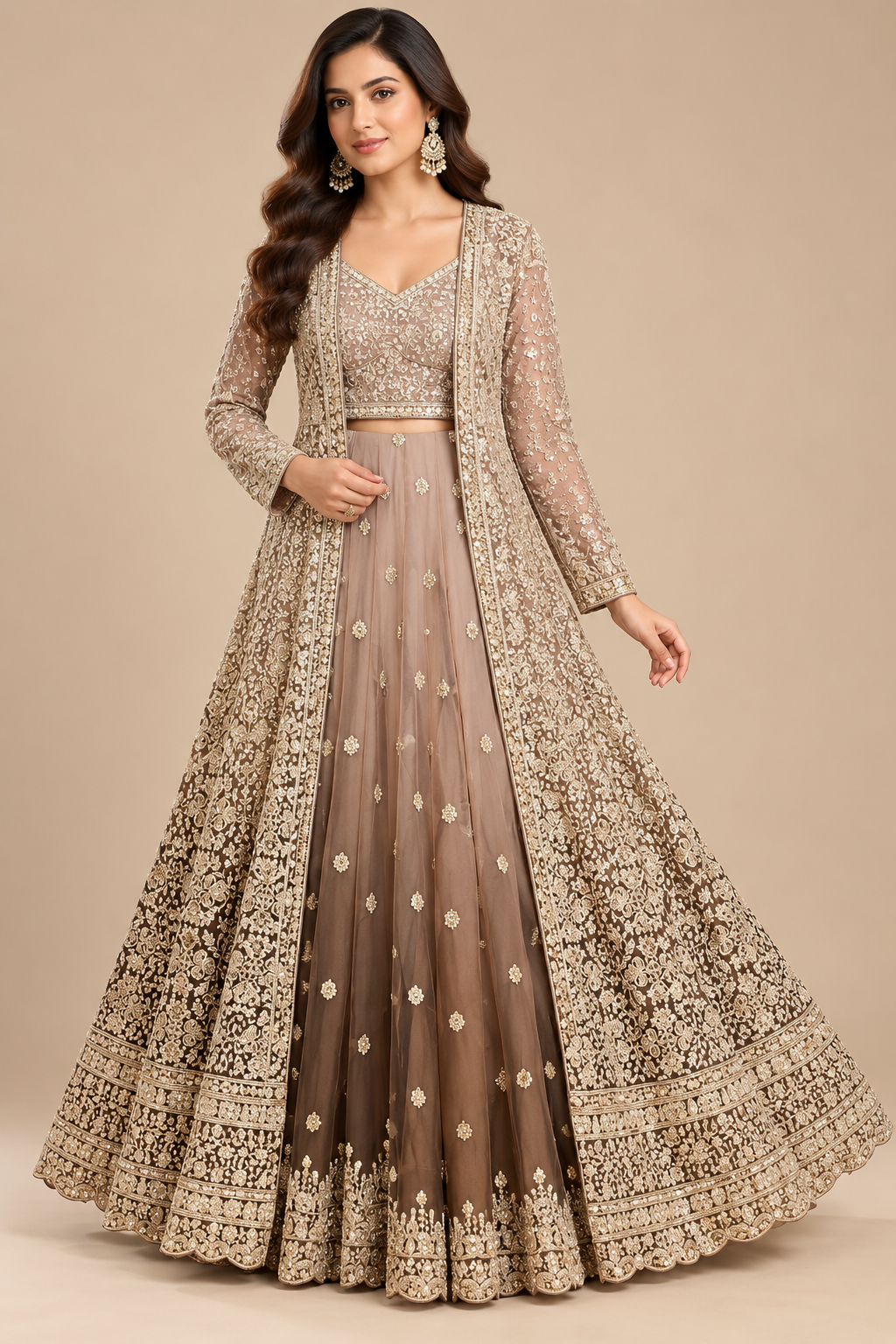 Muted Taupe Heavily Embellished Lehenga Set with Long Sheer Jacket