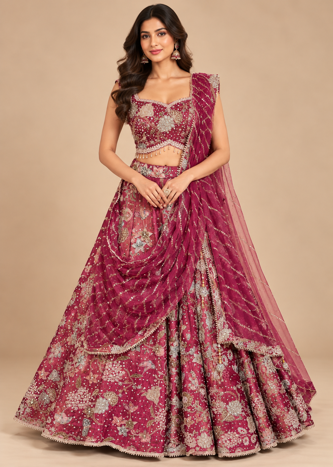 Wine Purple Hand Embroidered Bridal Lehenga