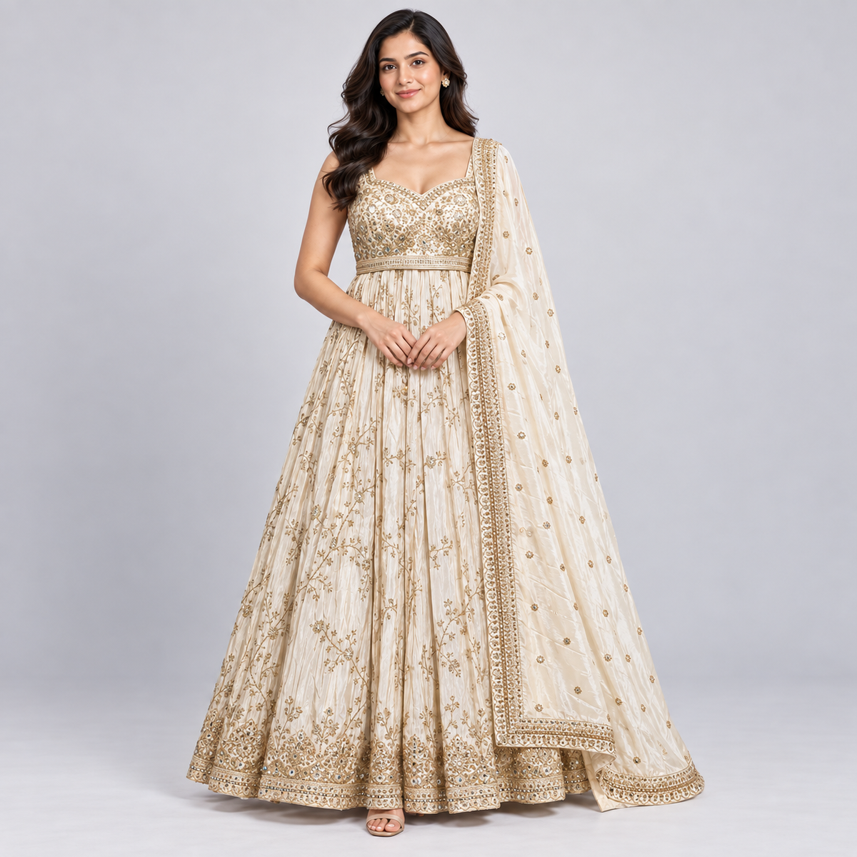 Elegant Cream & Gold Hand-Embroidered Anarkali Set