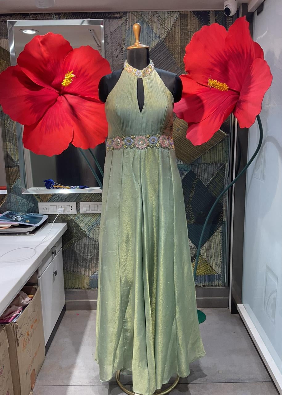 Sage Green Metallic Halter-Neck Gown Main image