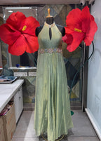 Sage Green Metallic Halter-Neck Gown