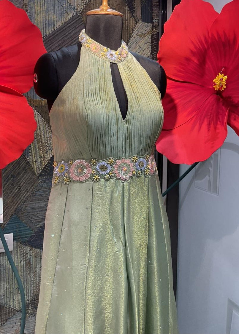 Sage Green Metallic Halter-Neck Gown Secondary image