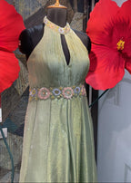 Sage Green Metallic Halter-Neck Gown