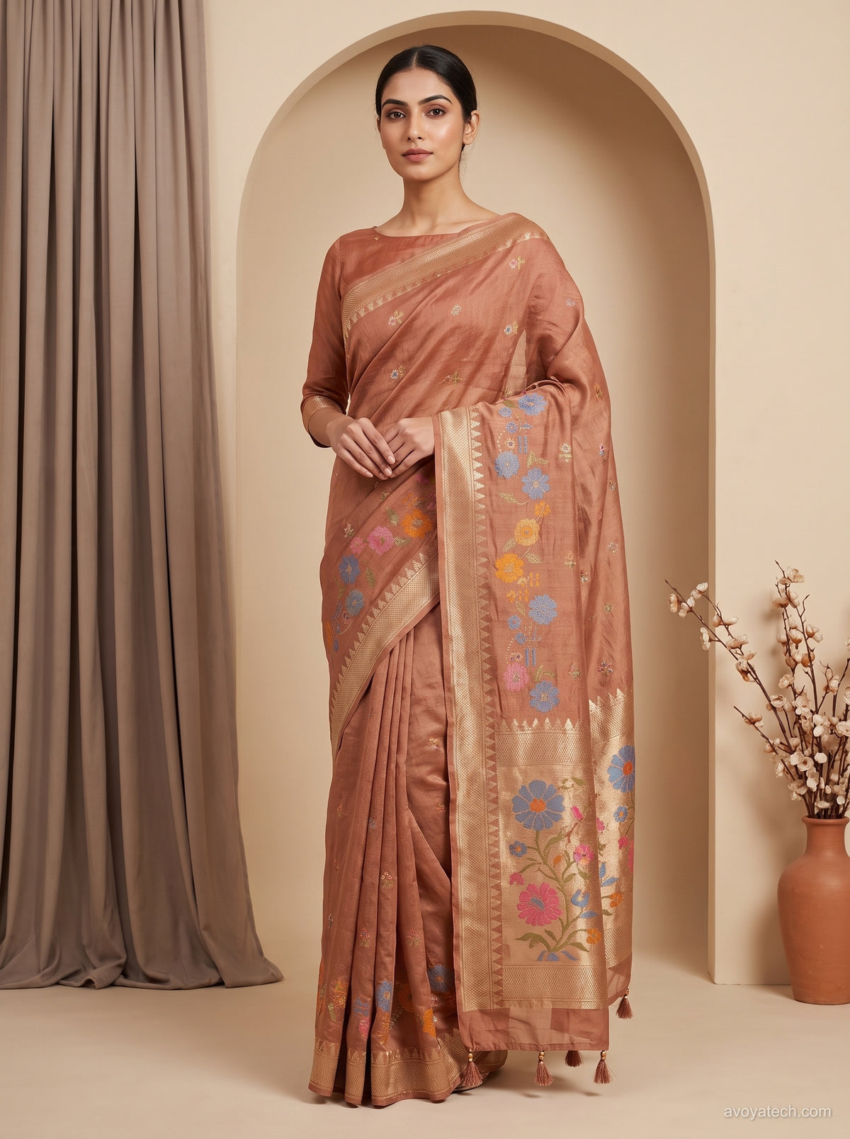 Dusty Rose-Brown Tussar Silk Saree with Meenakari Floral Weave