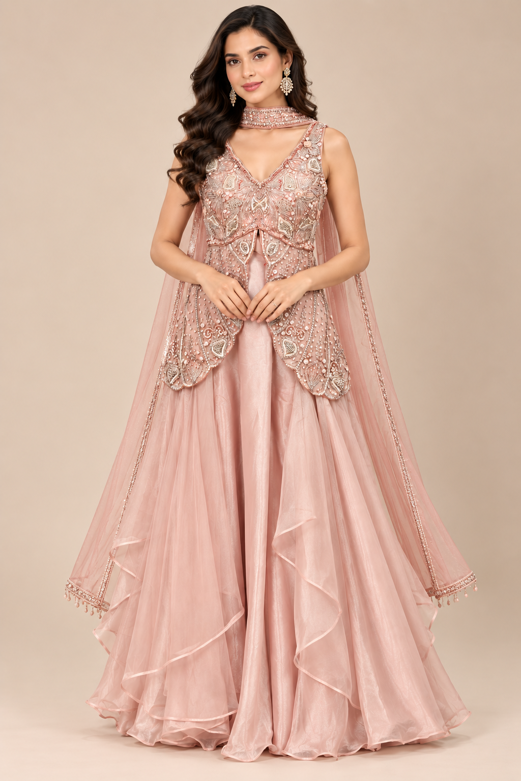 Dusty Rose Embroidered Cape Jacket Gown Set